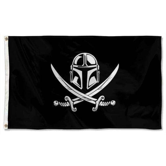 Black flag with silver Mandalorian helmet over crossed pirate swords in Jolly Roger style.