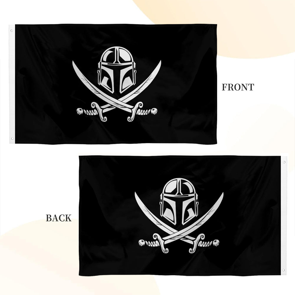 Black flag featuring a white Mandalorian helmet above crossed pirate swords in Jolly Roger style, front and back view.