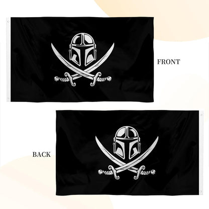 Black flag featuring a white Mandalorian helmet above crossed pirate swords in Jolly Roger style, front and back view.