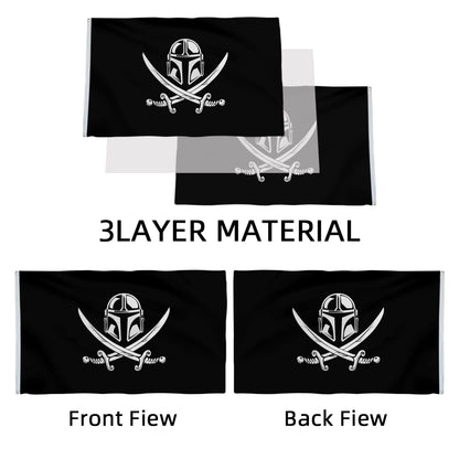 Black 3x5ft flag with white Mandalorian helmet above crossed pirate swords, military tactical design.