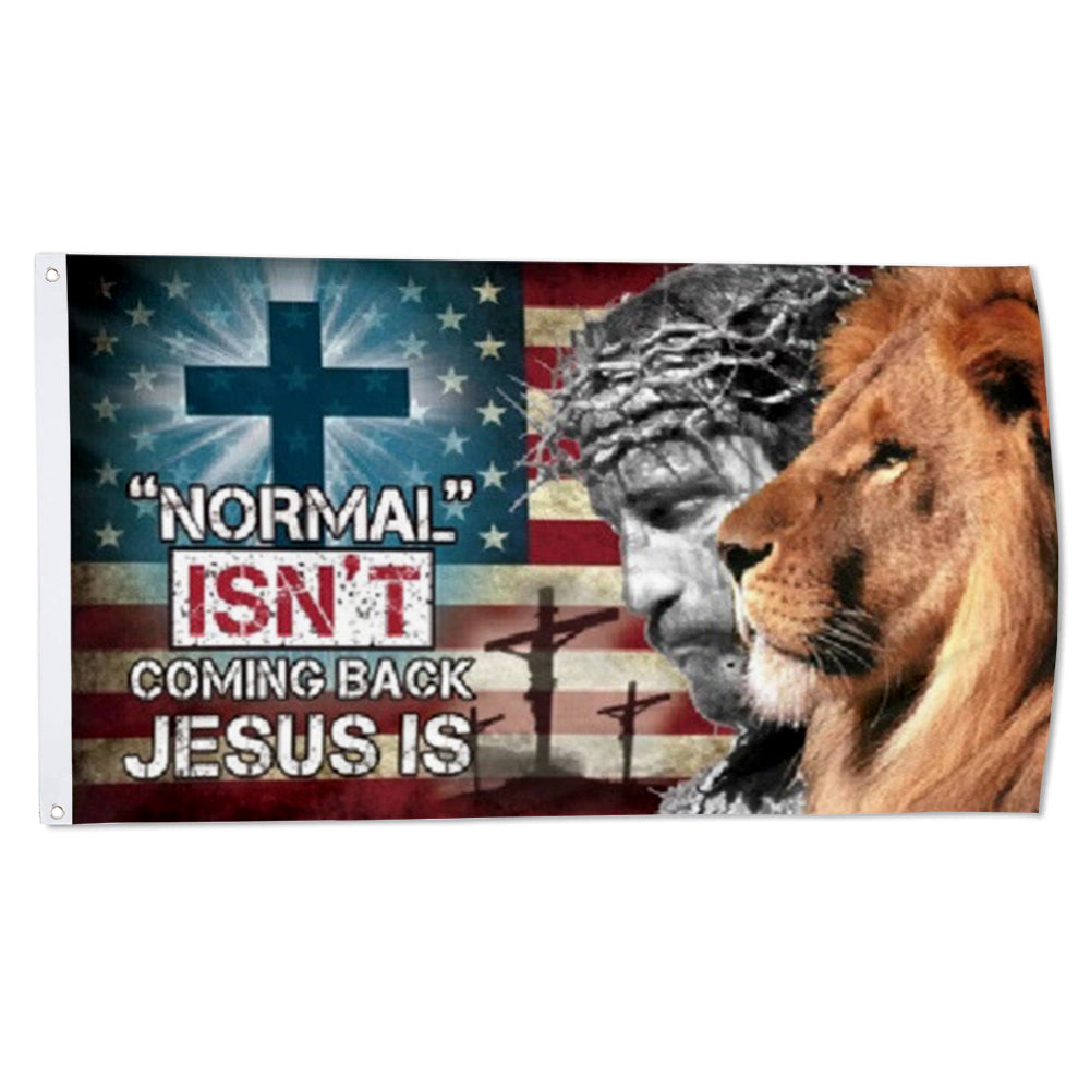 "Normal Isn't Coming Back Jesus Christ Is" Christian Cross Lion flag 3x5ft banner man cave