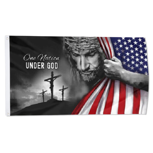 "One Nation Under God" Jesus Christ Cross USA Reveal flag 3x5ft banner man cave