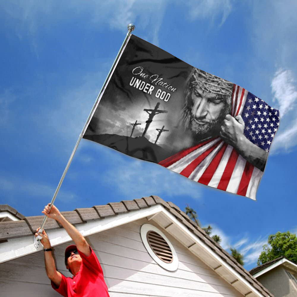 "One Nation Under God" Jesus Christ Cross USA Reveal flag 3x5ft banner man cave