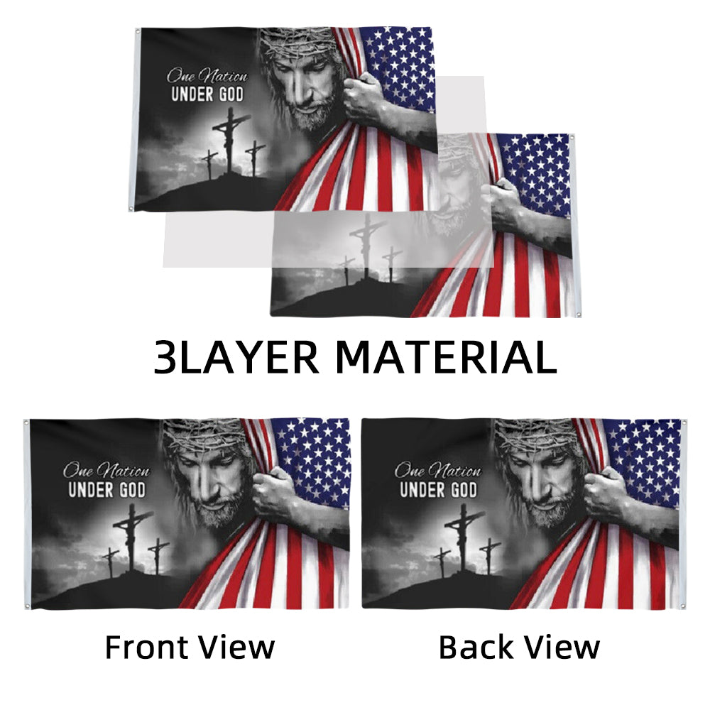 "One Nation Under God" Jesus Christ Cross USA Reveal flag 3x5ft banner man cave