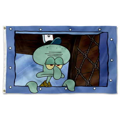 Blue flag with cartoon octopus looking out window with displeased expression, nautical theme.