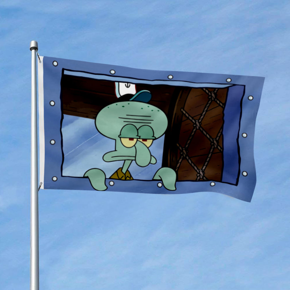 Blue flag featuring cartoon octopus character with a grumpy expression framed by a wooden window design.