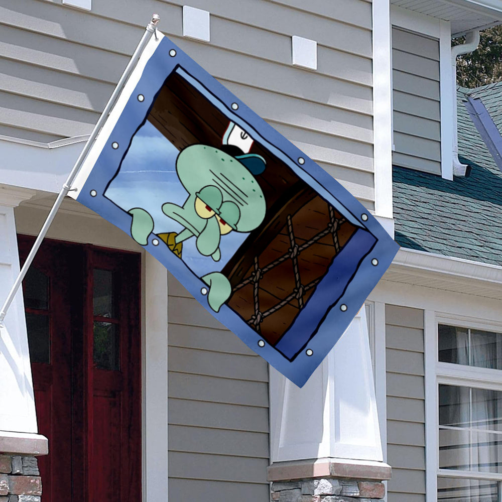 Blue flag with cartoon octopus squinting and folding arms, mounted on house exterior.