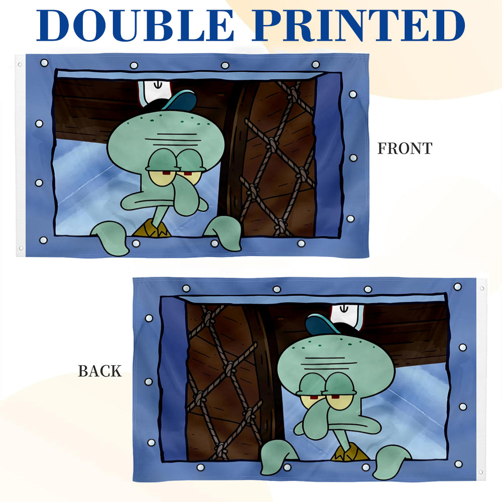 Octopus cartoon flag with grumpy squid character inside submarine window, blue border, double printed front and back.