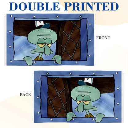 Octopus cartoon flag with grumpy squid character inside submarine window, blue border, double printed front and back.