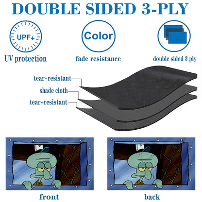 Double-sided 3-ply black fabric flag showing octopus cartoon character on both front and back sides.