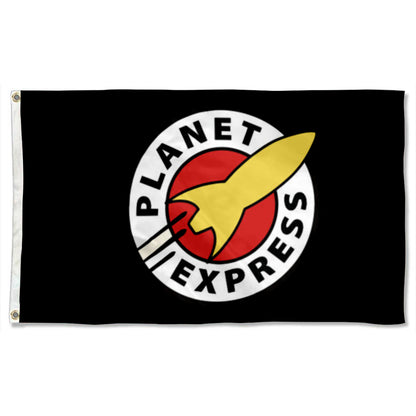 Black flag banner with Planet Express logo featuring a yellow rocket and red circle on white background.