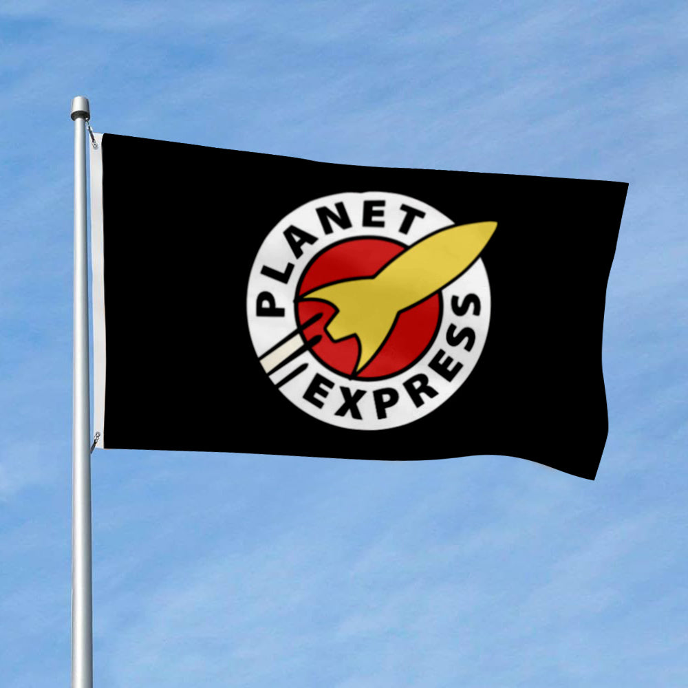 Black 3x5ft flag with white circle logo featuring red rocket and yellow flame, "Planet Express" text around circle.