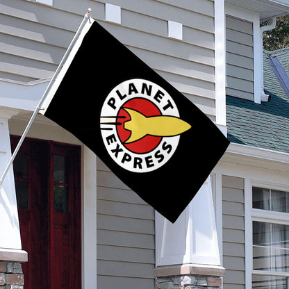 Black Planet Express flag with yellow spaceship logo and red and white text hanging outdoors on house exterior.
