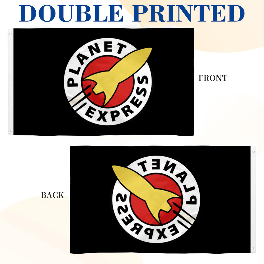 Black Planet Express flag with red and yellow rocket logo, single and double-sided prints shown.