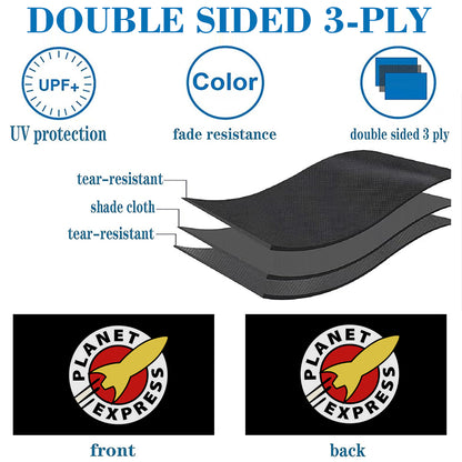 Black double-sided 3-ply banner with Planet Express logo, tear-resistant shade cloth layers.