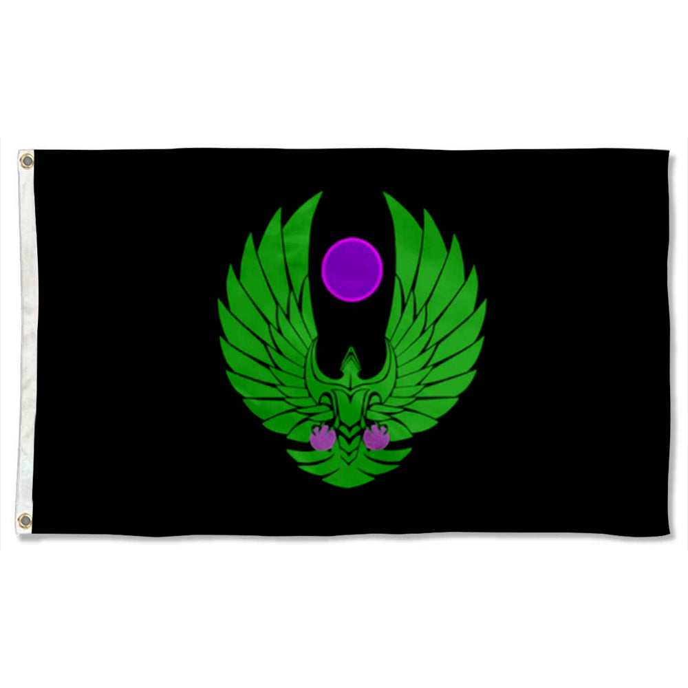 Black flag with bright green stylized wings and a central purple circle emblem.