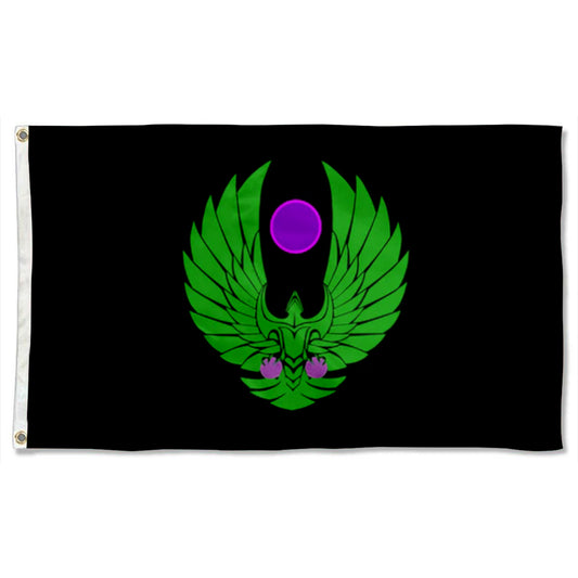 Black flag with bright green stylized wings and a central purple circle emblem.