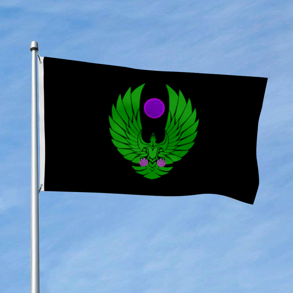 Black flag with a green Romulan bird emblem and purple circle in center, 3x5ft banner.