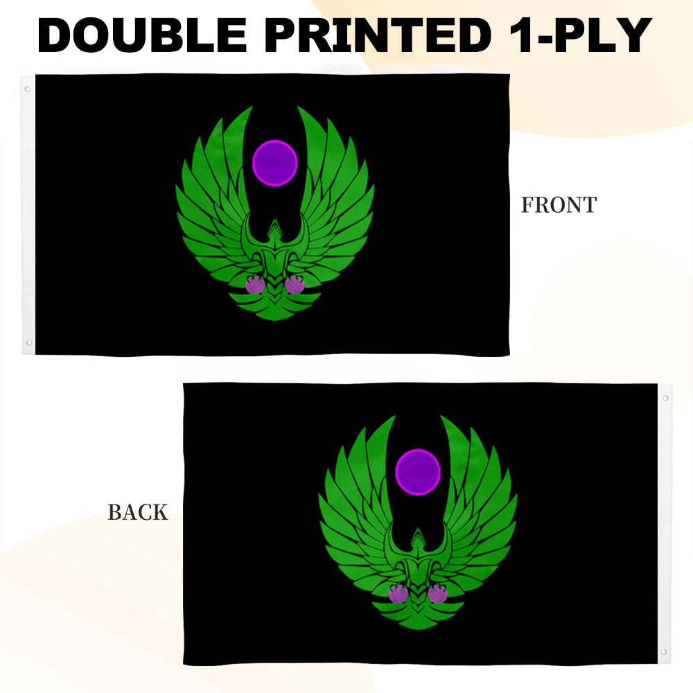 Black banner with green Romulan emblem and purple circle, double-sided print on 1-ply fabric.