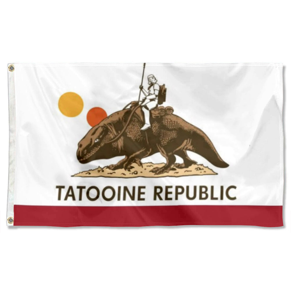 Tatooine Republic banner with brown dewback rider, twin suns, and red border on white background.