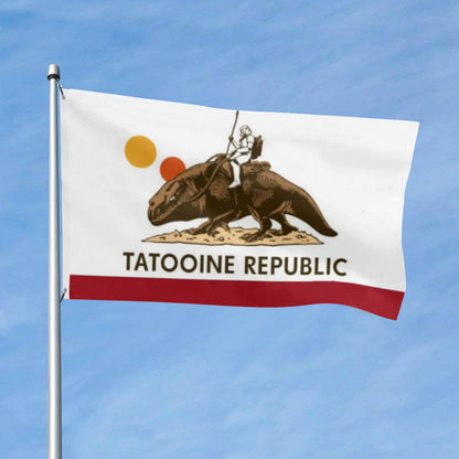 White Tatooine Republic banner with black bantha and rider, two suns, and red stripe at bottom.