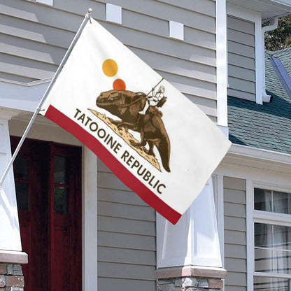 White 3x5ft Tatooine Republic flag with red stripe and desert figure holding weapon.