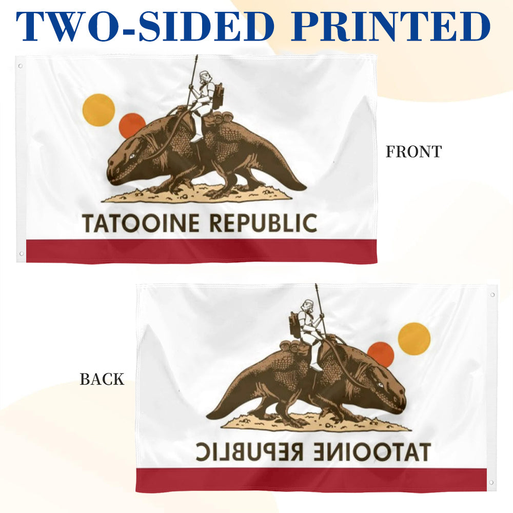 Tatooine Republic flag banner with sepia rider on bantha and twin suns, front and back views.