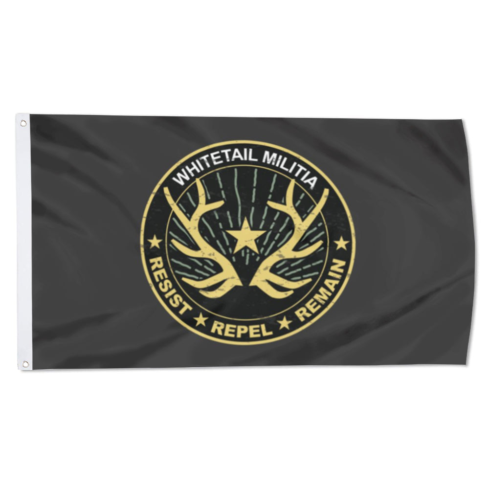 Black flag with gold Whitetail Militia logo featuring deer antlers and star, 3x5ft banner.