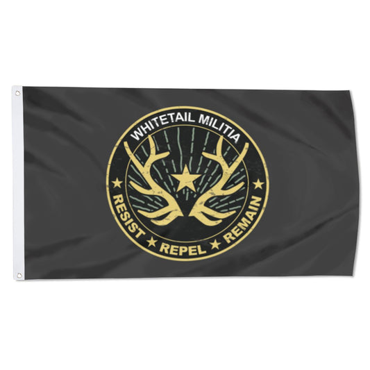 Black flag with gold Whitetail Militia logo featuring deer antlers and star, 3x5ft banner.