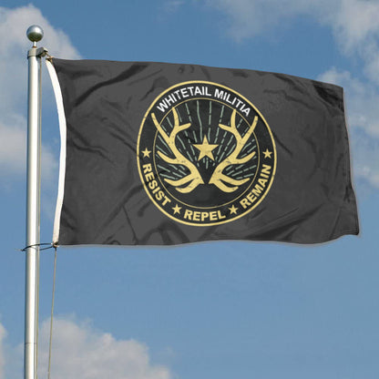 Black 3x5ft flag with gold Whitetail Militia emblem and text reading Resist, Repel, Remain.