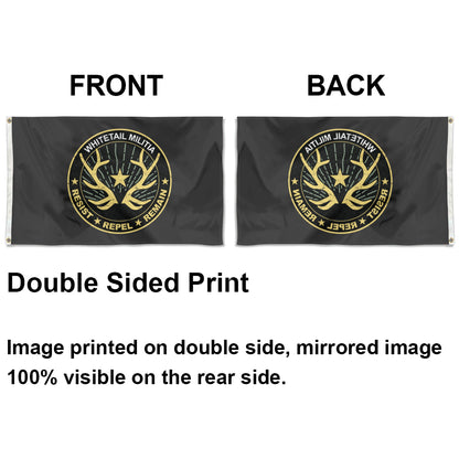 Black 3x5 ft flag with gold Whitetail Militia logo featuring crossed rifles and antlers, double-sided print.