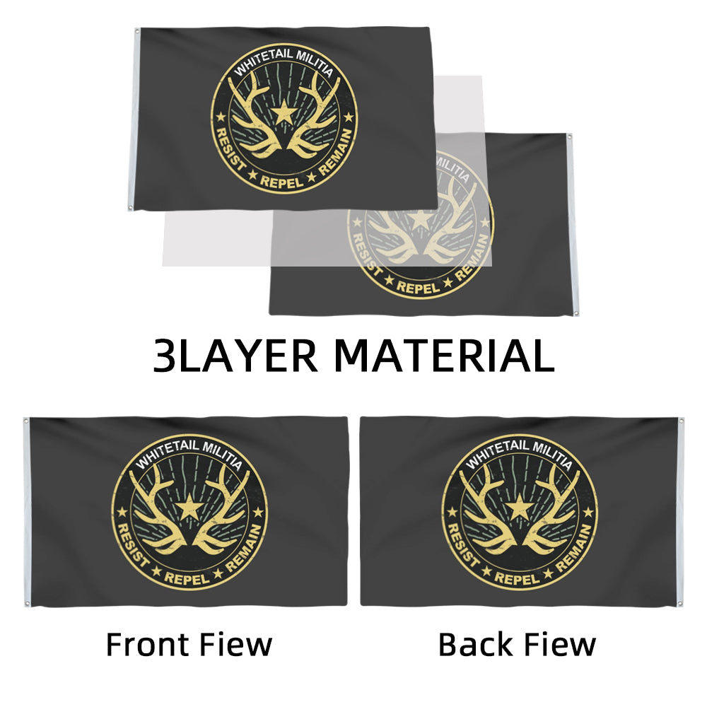 Black 3x5ft Whitetail Militia flag with gold crossed rifles and deer antlers logo, 3-layer material, double-sided design.