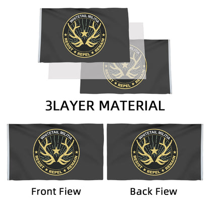 Black 3x5ft Whitetail Militia flag with gold crossed rifles and deer antlers logo, 3-layer material, double-sided design.