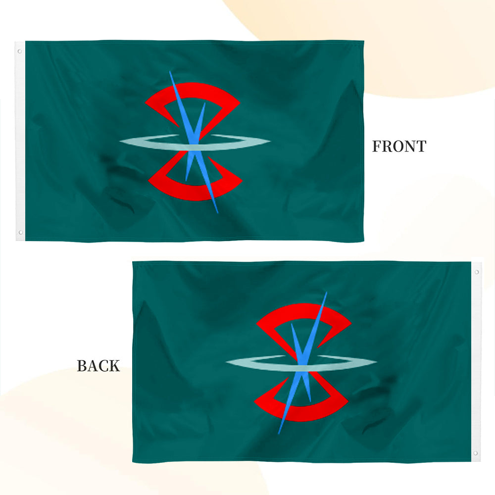 Green flag featuring a red and blue Zaft emblem from Gundam Seed, shown front and back.