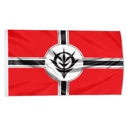 Red banner with black and white cross and black Zeon emblem in white circle center.