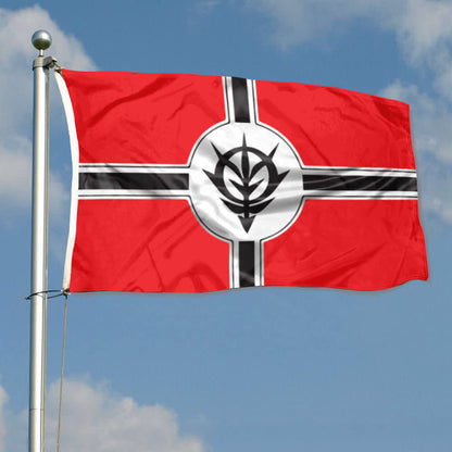 Red flag with black and white Nordic cross design and black Zeon emblem in white circle center.