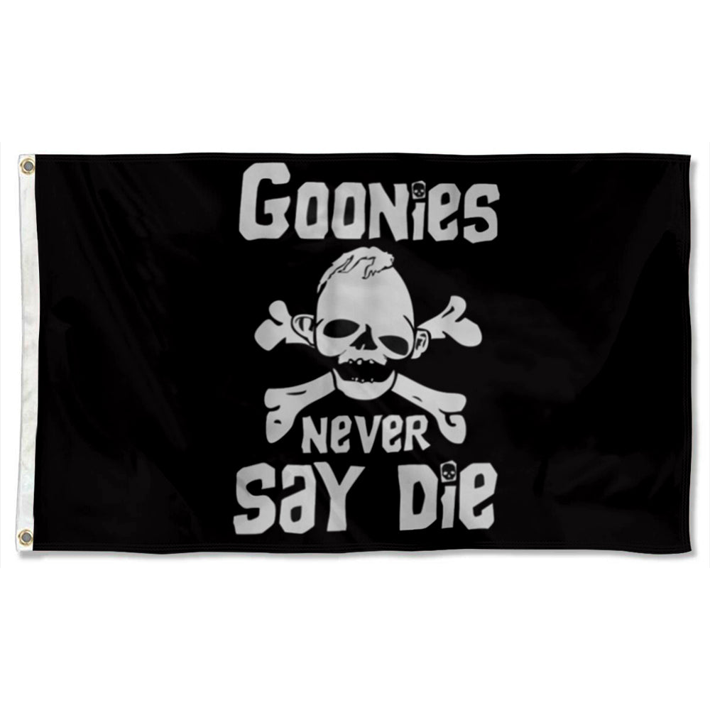 Black flag with white skull and crossbones featuring a mustache and the text "Goonies Never Say Die" in bold letters.